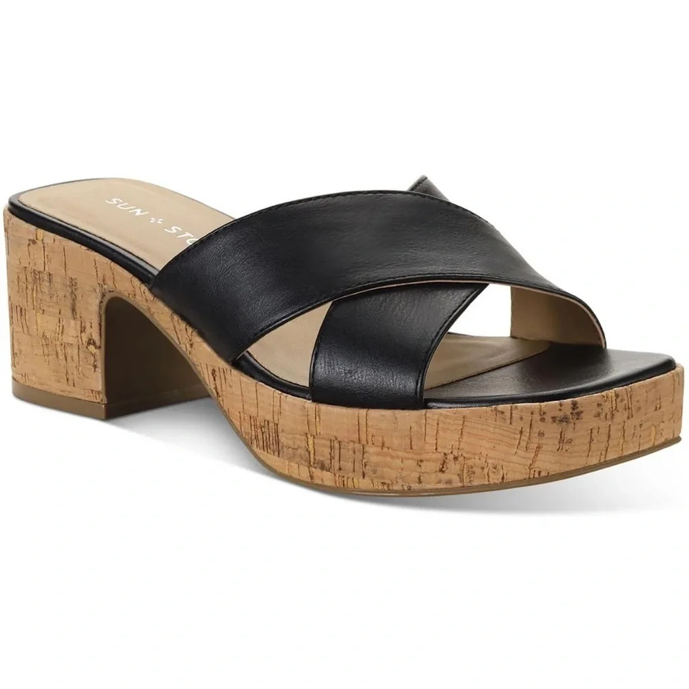 NIB Sun + Stone Womens Giigi Faux Leather Slide Block Heels Black Size 7.5